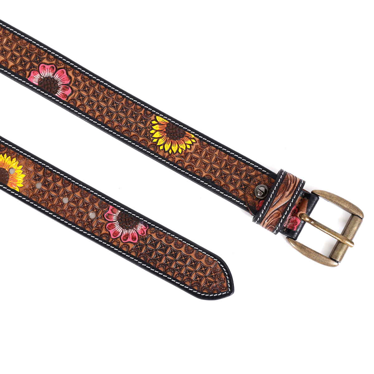 Vintage Rustic Floral Tooled Western Leather Belt