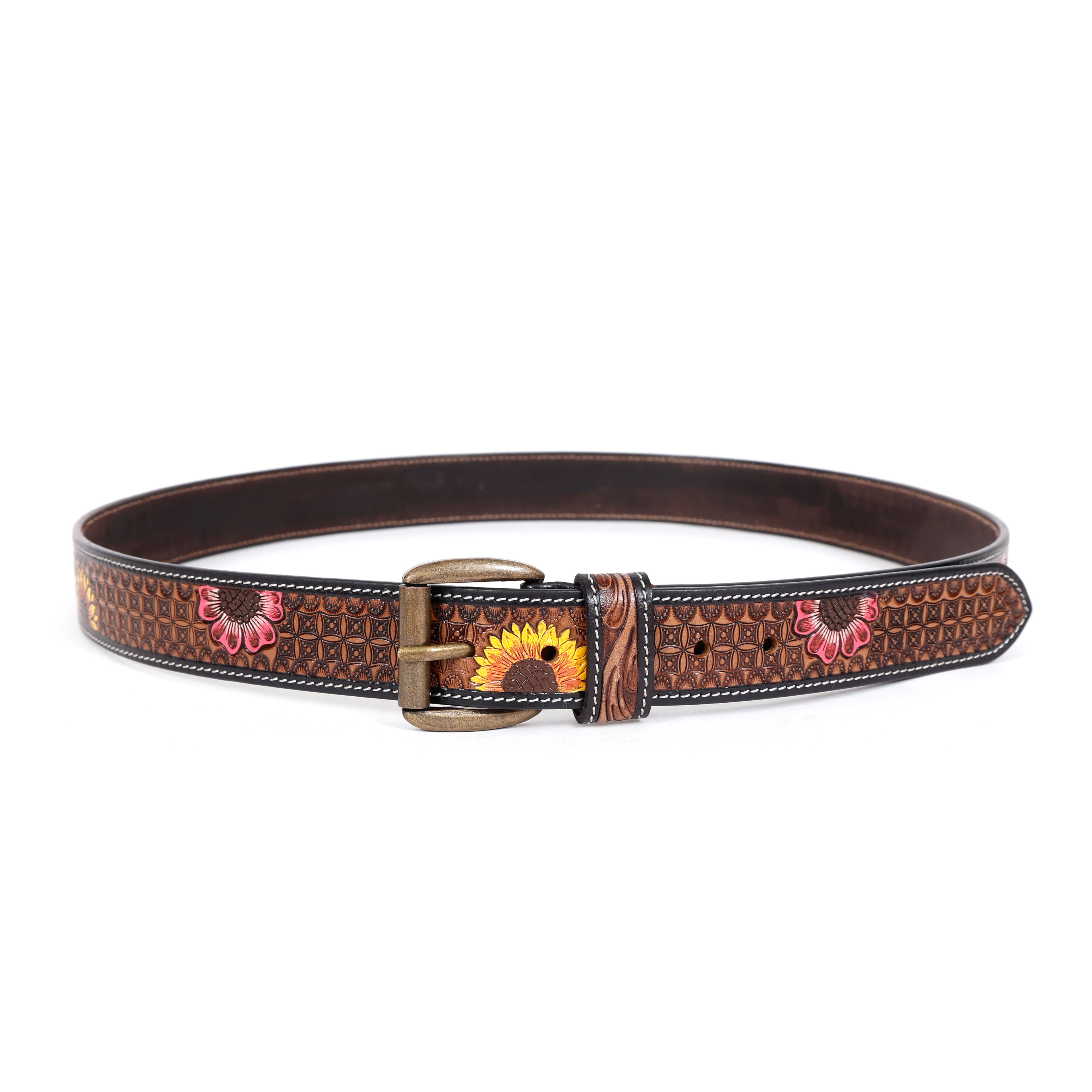 Vintage Rustic Floral Tooled Western Leather Belt