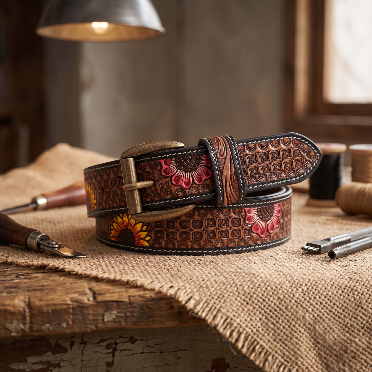 Vintage Rustic Floral Tooled Western Leather Belt