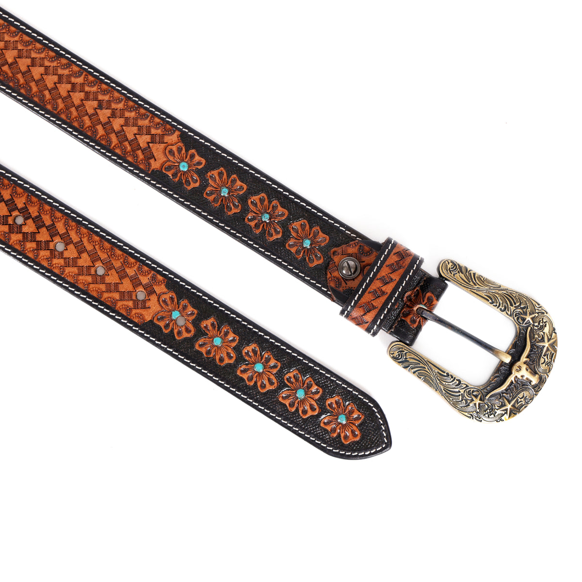 Western Leather Belt with Tooled Brown Floral Design