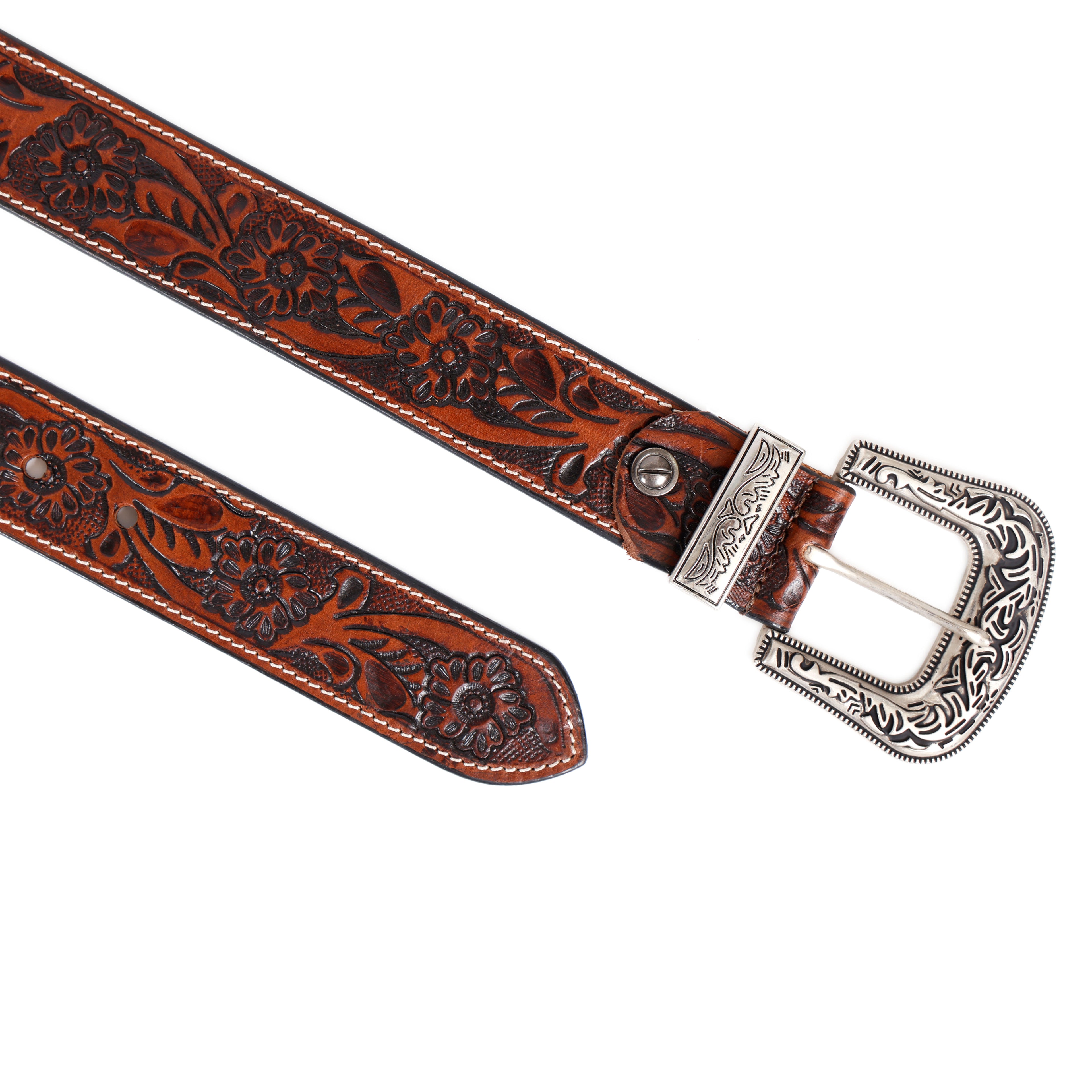 Brown Floral Embossed Leather Belt