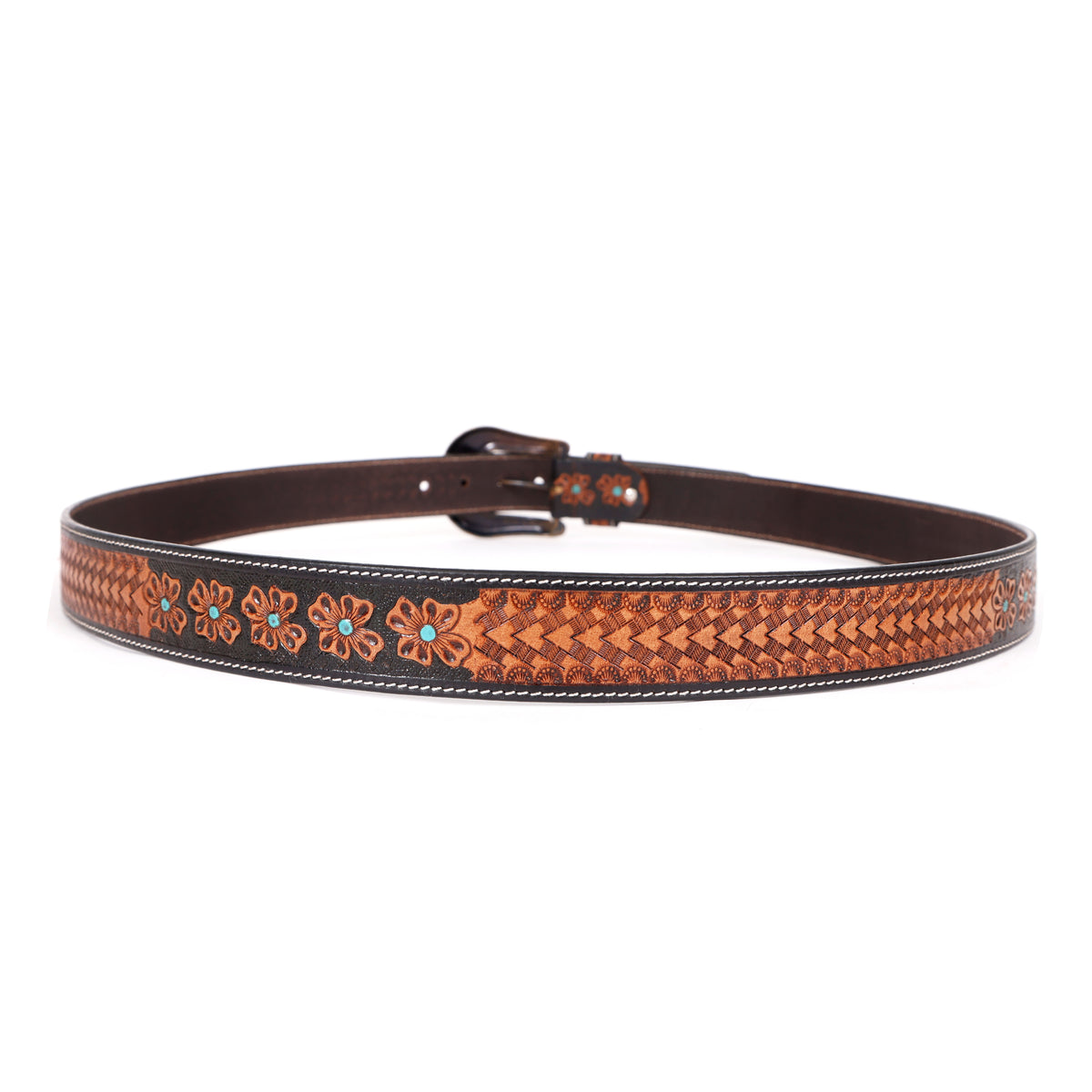 Western Leather Belt with Tooled Brown Floral Design