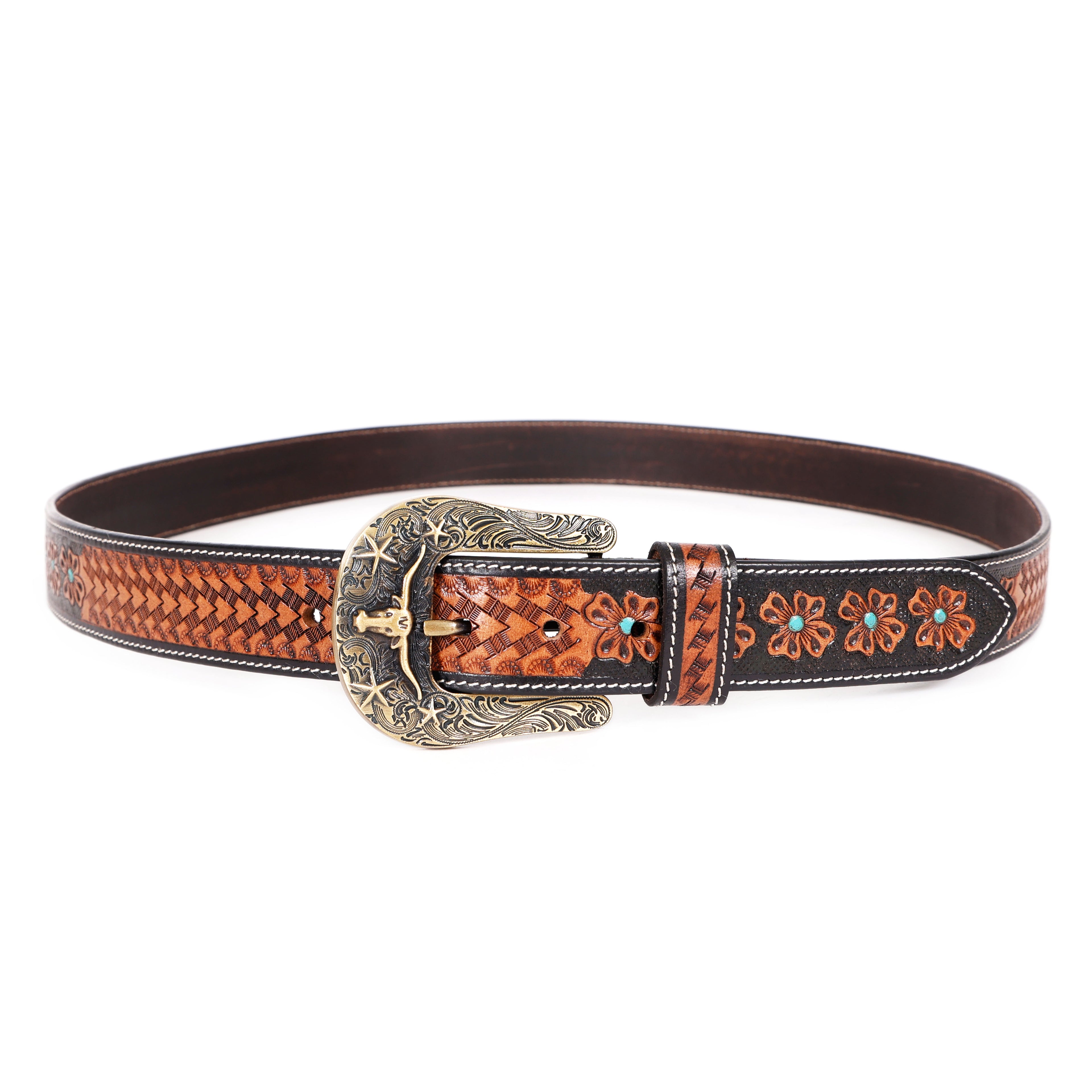 Western Leather Belt with Tooled Brown Floral Design