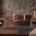 Brown Floral Embossed Leather Belt