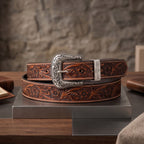 Brown Floral Embossed Leather Belt