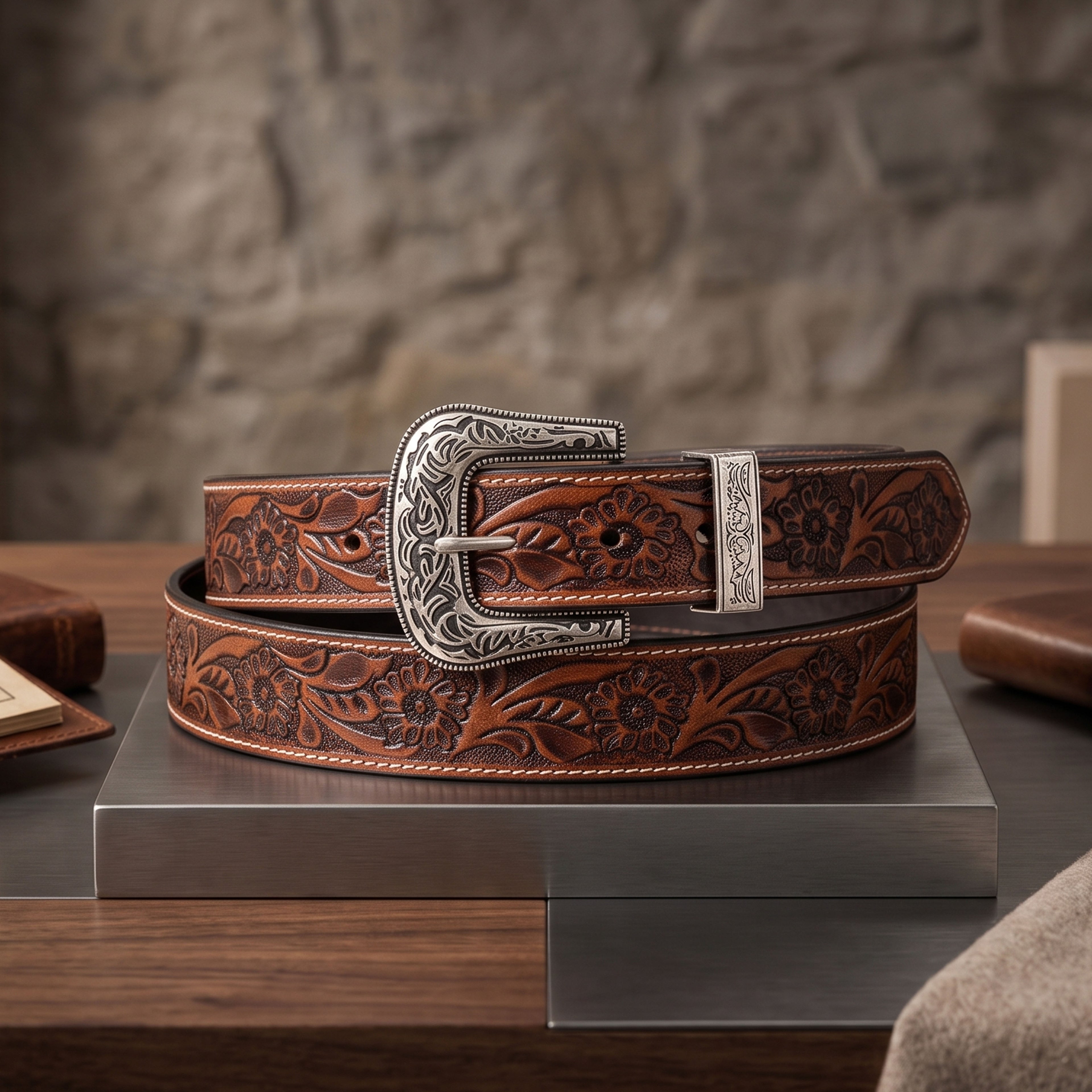 Brown Floral Embossed Leather Belt