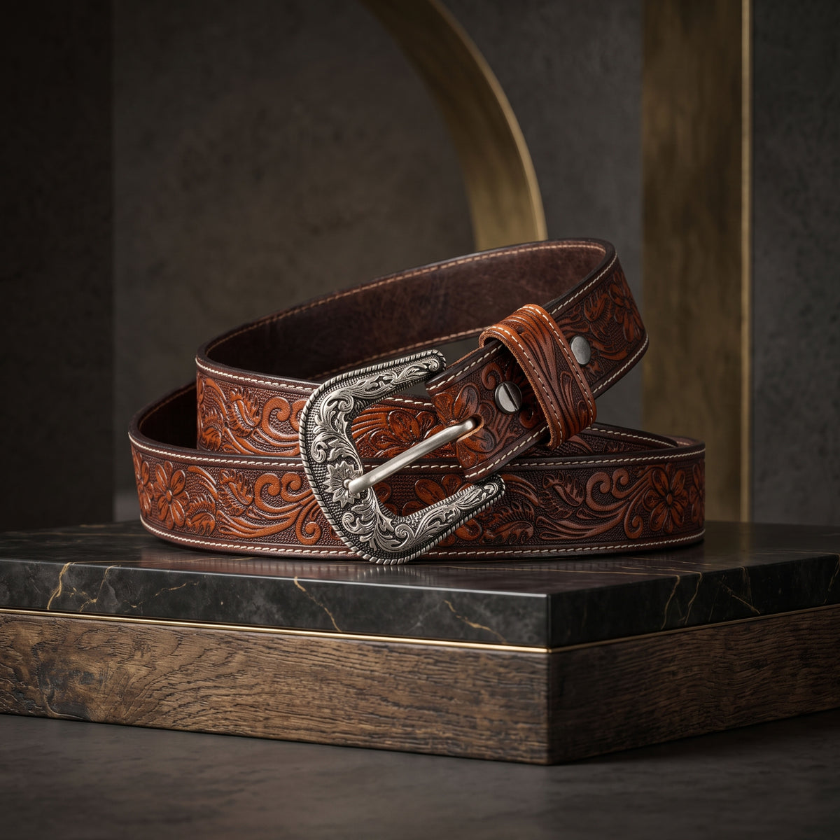 Brown Embossed Western Leather Belt