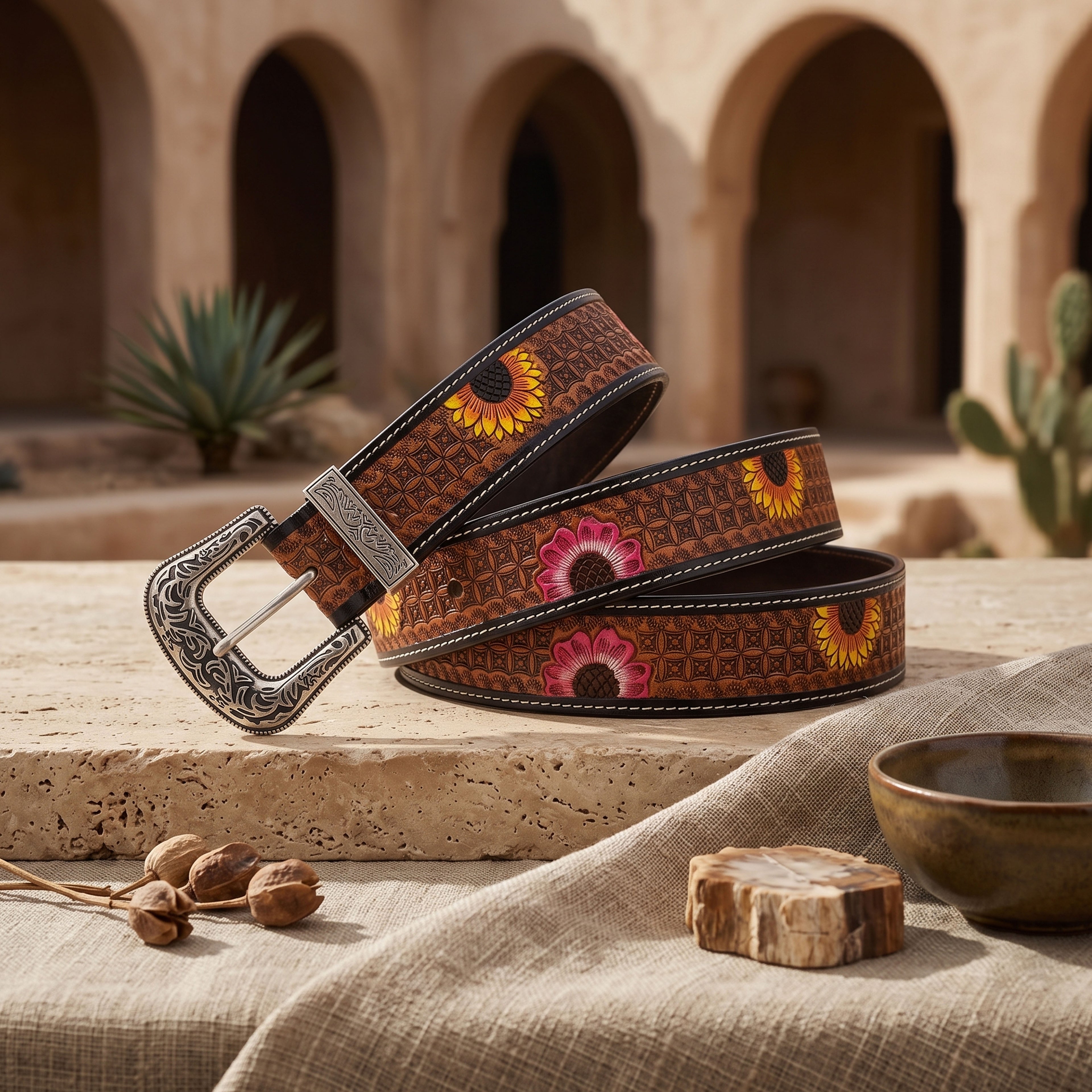 Vintage Floral Western Leather Belt