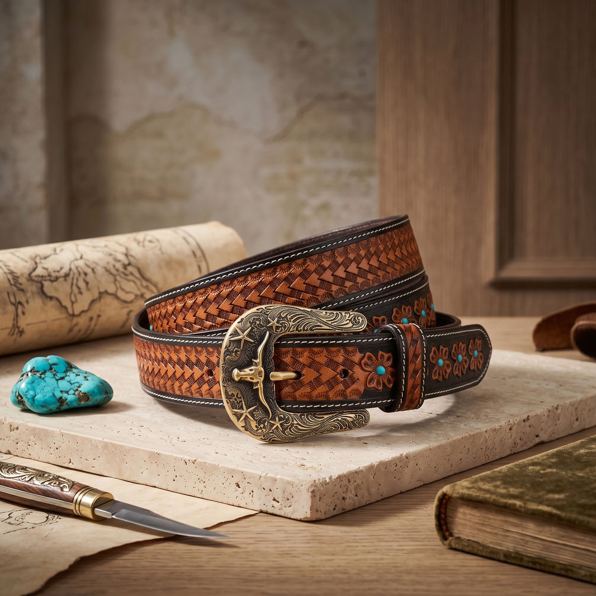 Western Leather Belt with Tooled Brown Floral Design