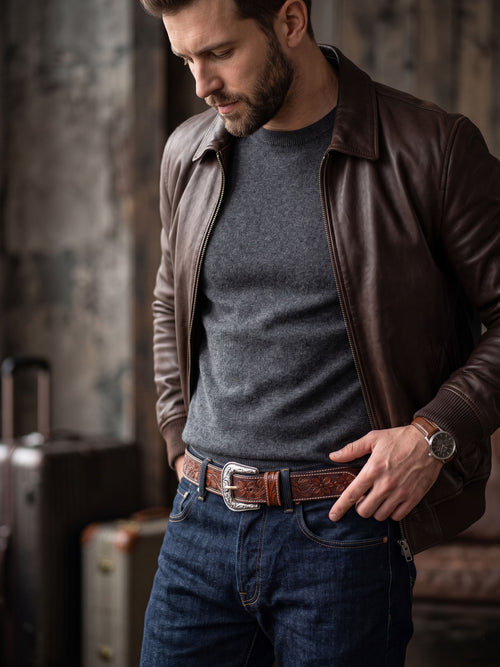 Brown Embossed Western Leather Belt