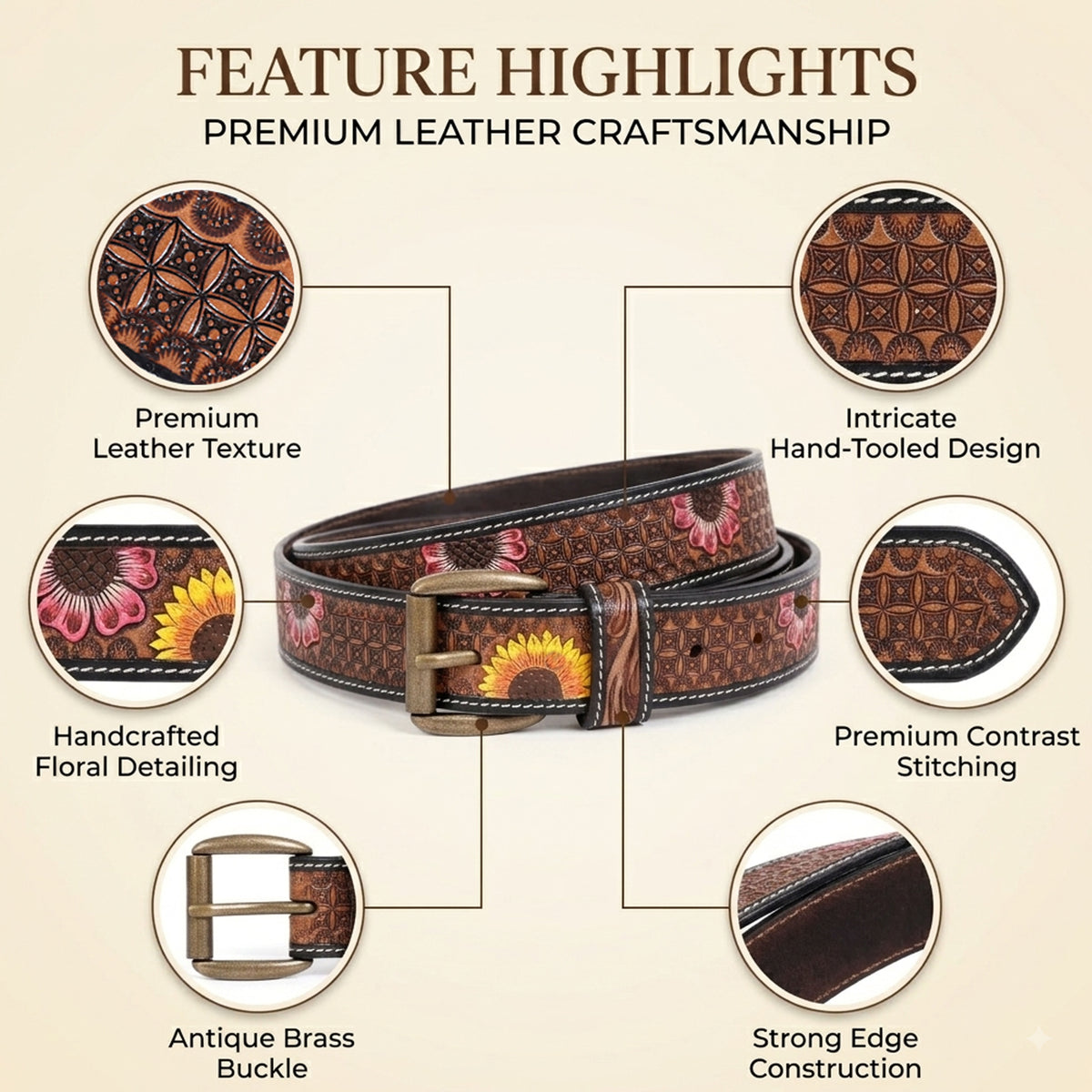 Vintage Rustic Floral Tooled Western Leather Belt