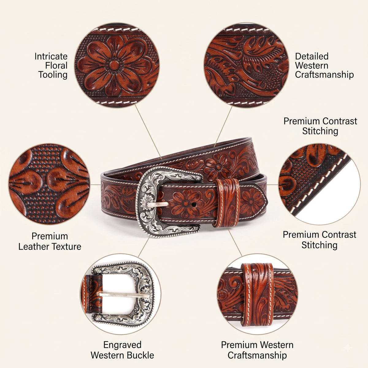 Brown Embossed Western Leather Belt